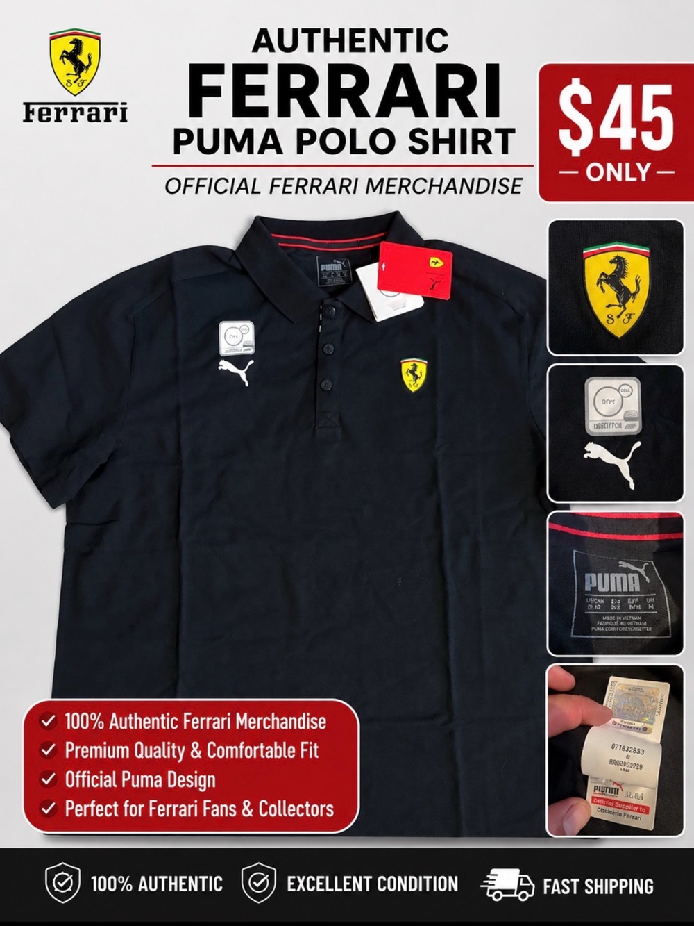 Puma Black Polo Shirt with Yellow Ferrari Shield new with tag size xl